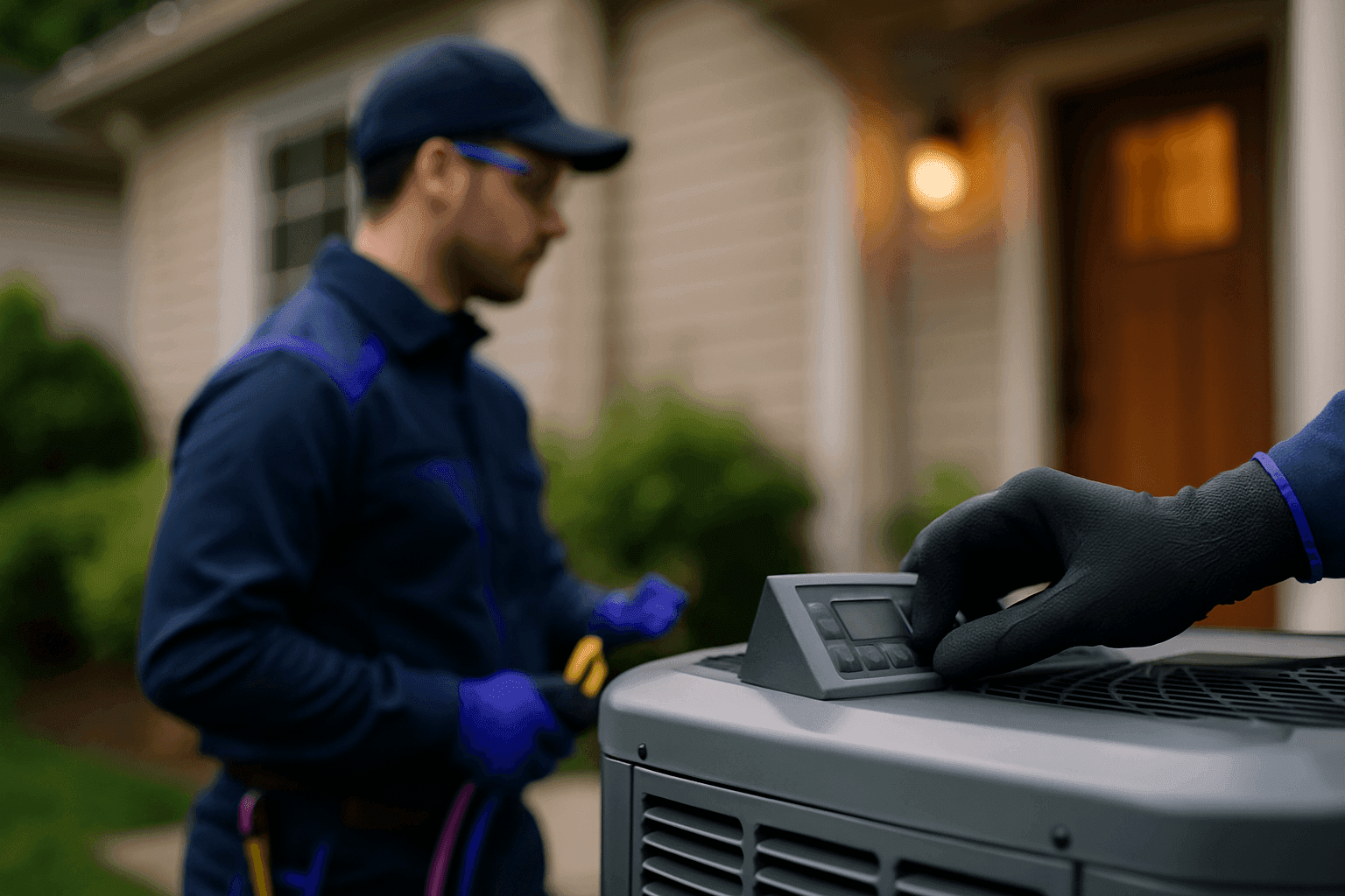 Gloved hands adjusting a modern residential HVAC unit outdoors with technician in uniform
