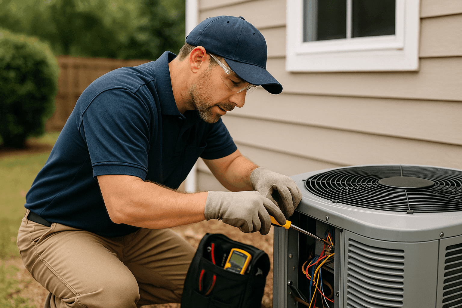 HVAC technician performing maintenance on outdoor HVAC unit