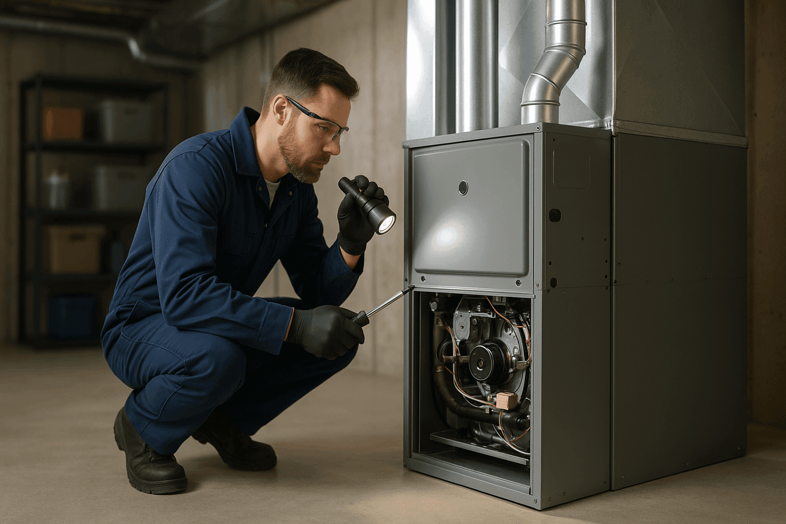 Technician performing furnace maintenance in residential basement