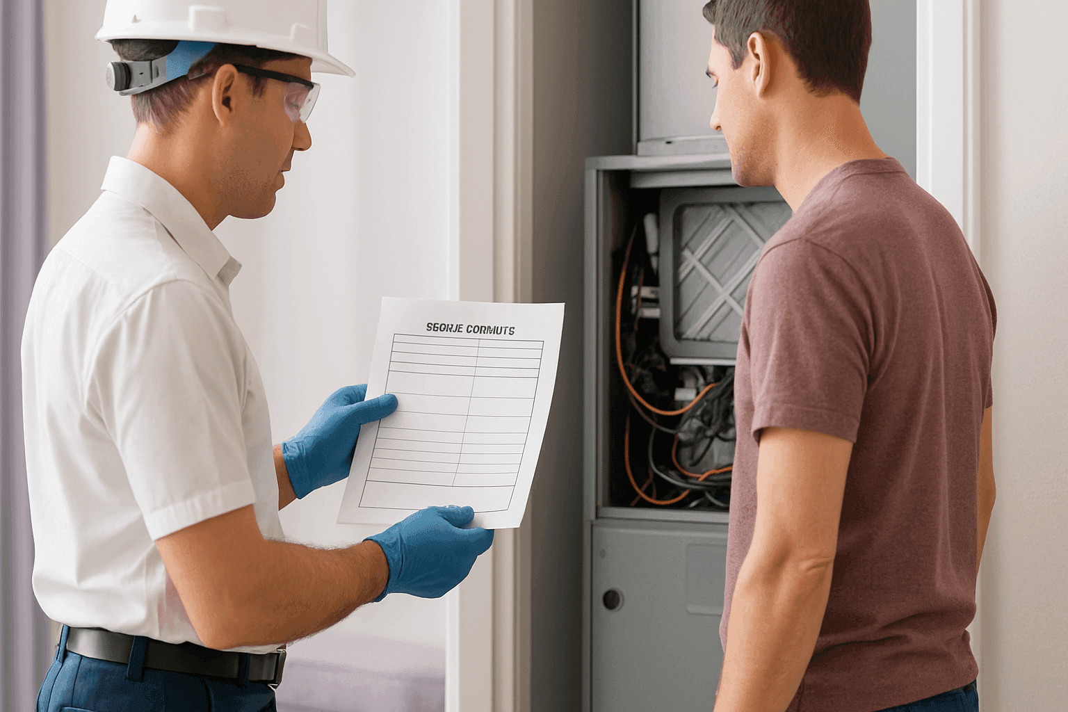 Primer plano de un técnico explicando un presupuesto de reparación a un propietario cerca de una unidad HVAC