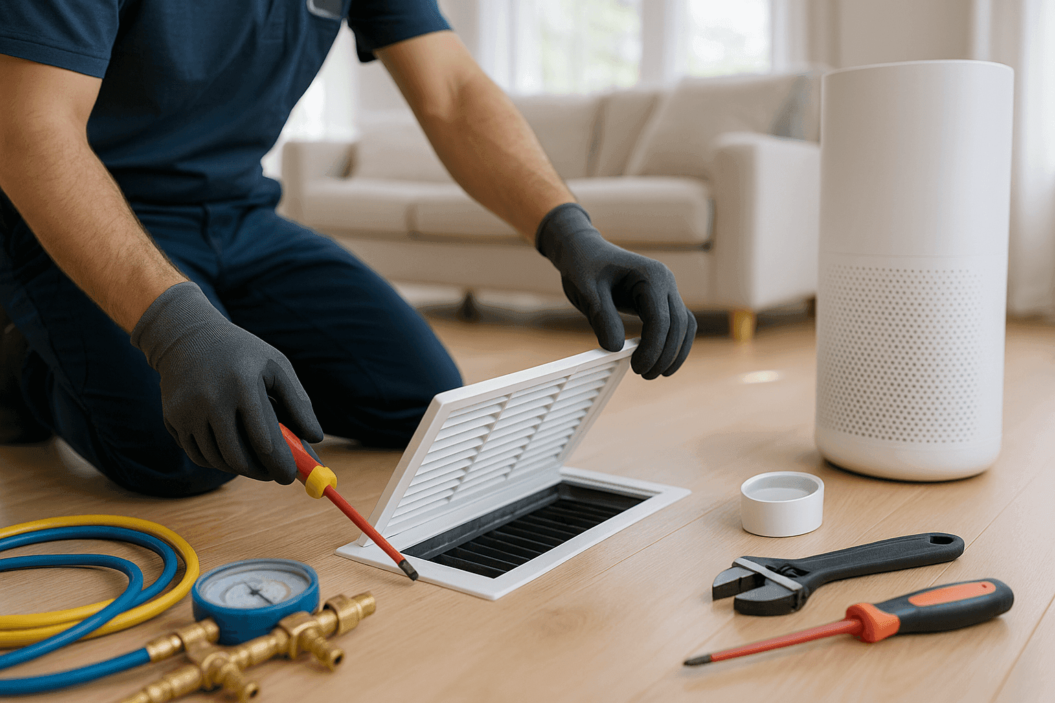 Modern living room with HVAC air purifier improving indoor air quality