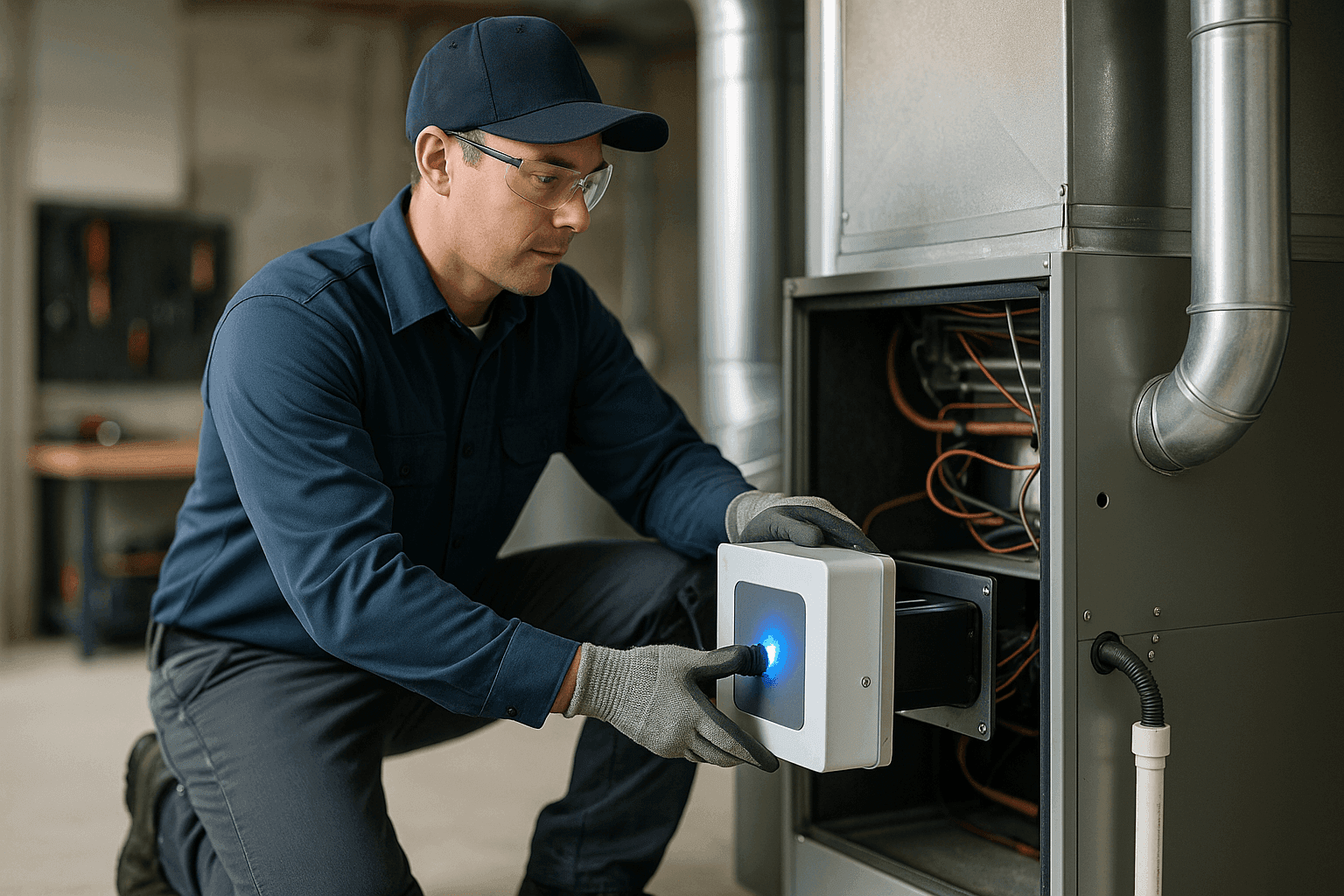 Technician installing air scrubber in residential HVAC system