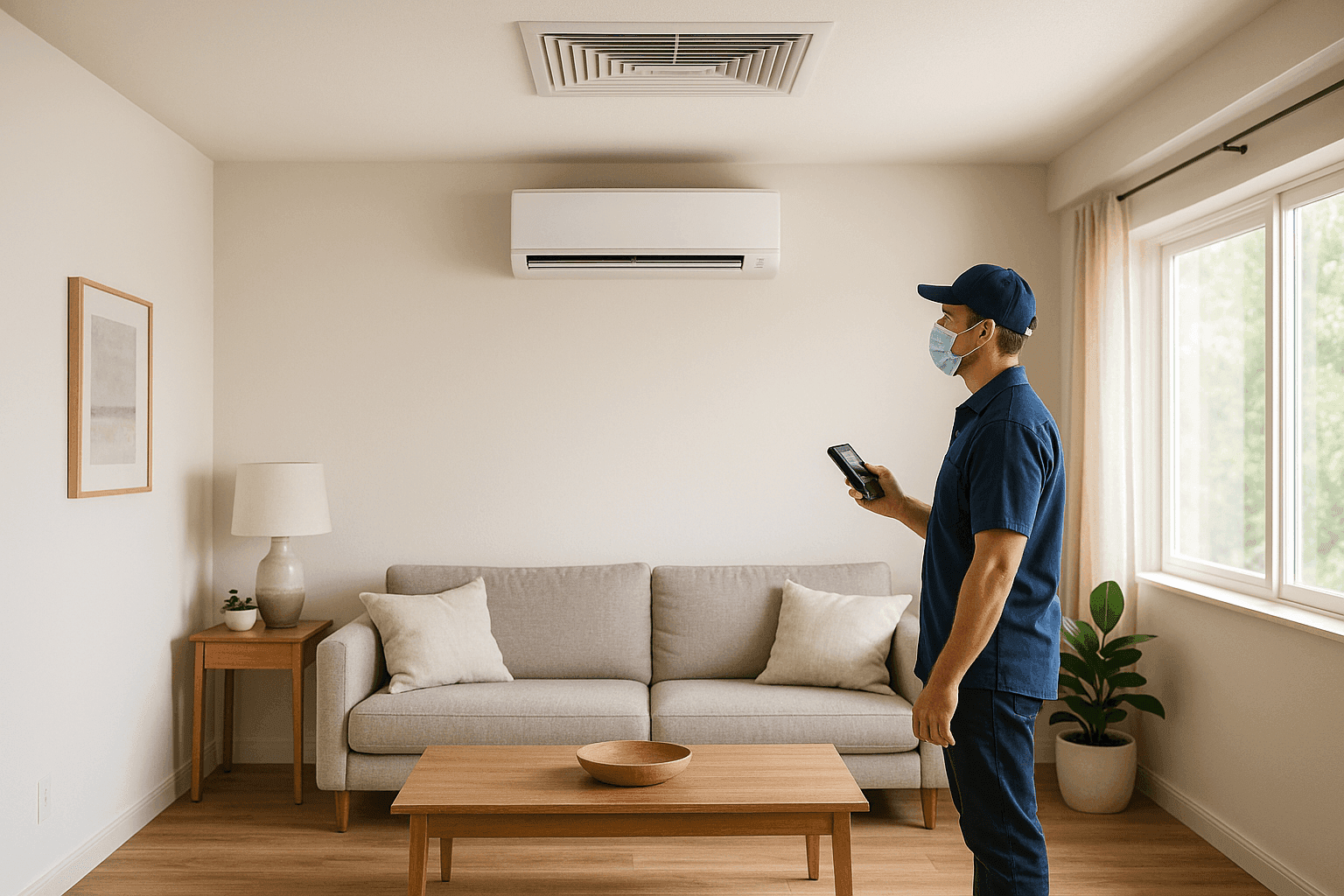 Side-by-side view of ductless mini-split and central AC unit in a modern home