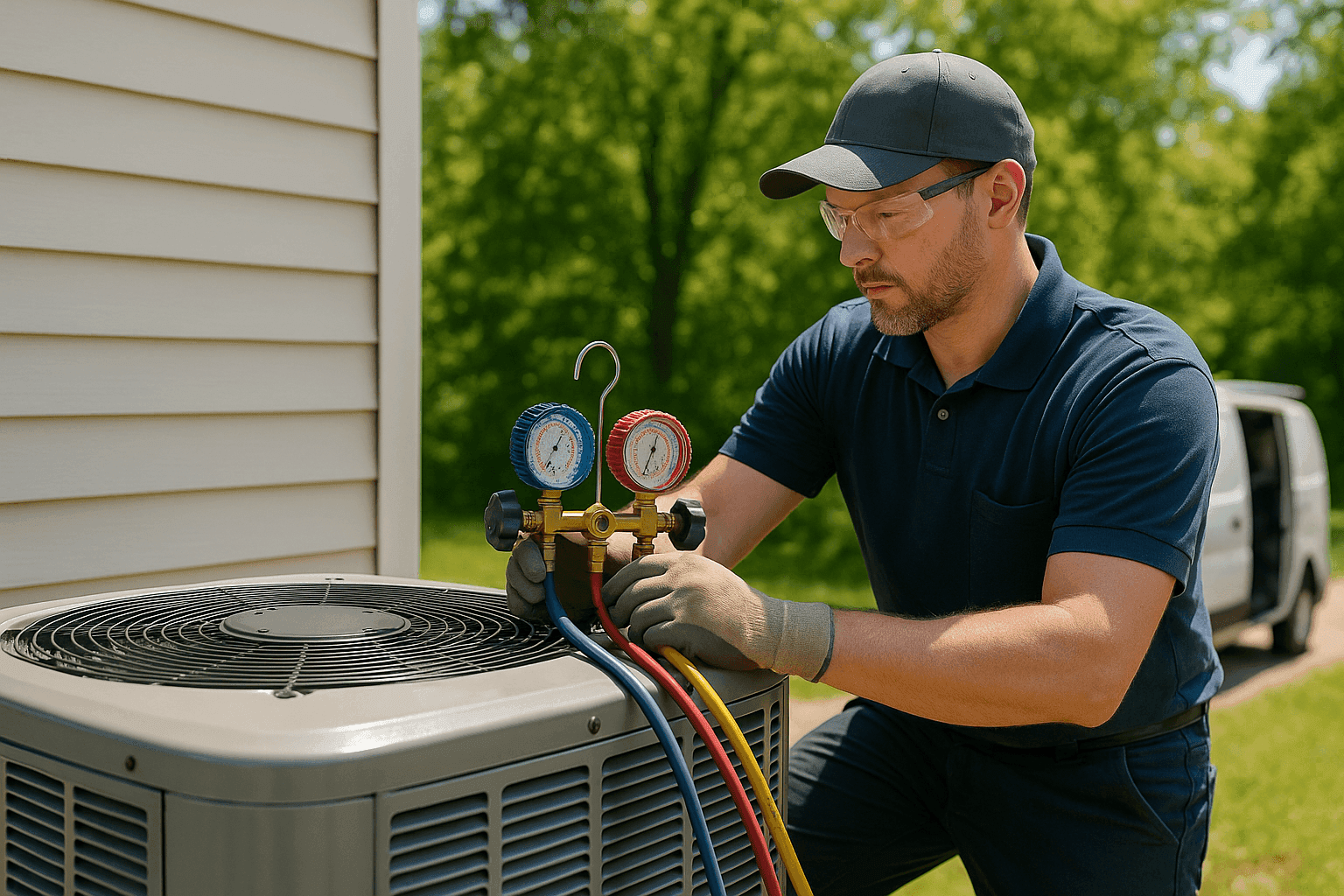 HVAC technician performing summer maintenance on an outdoor AC unit