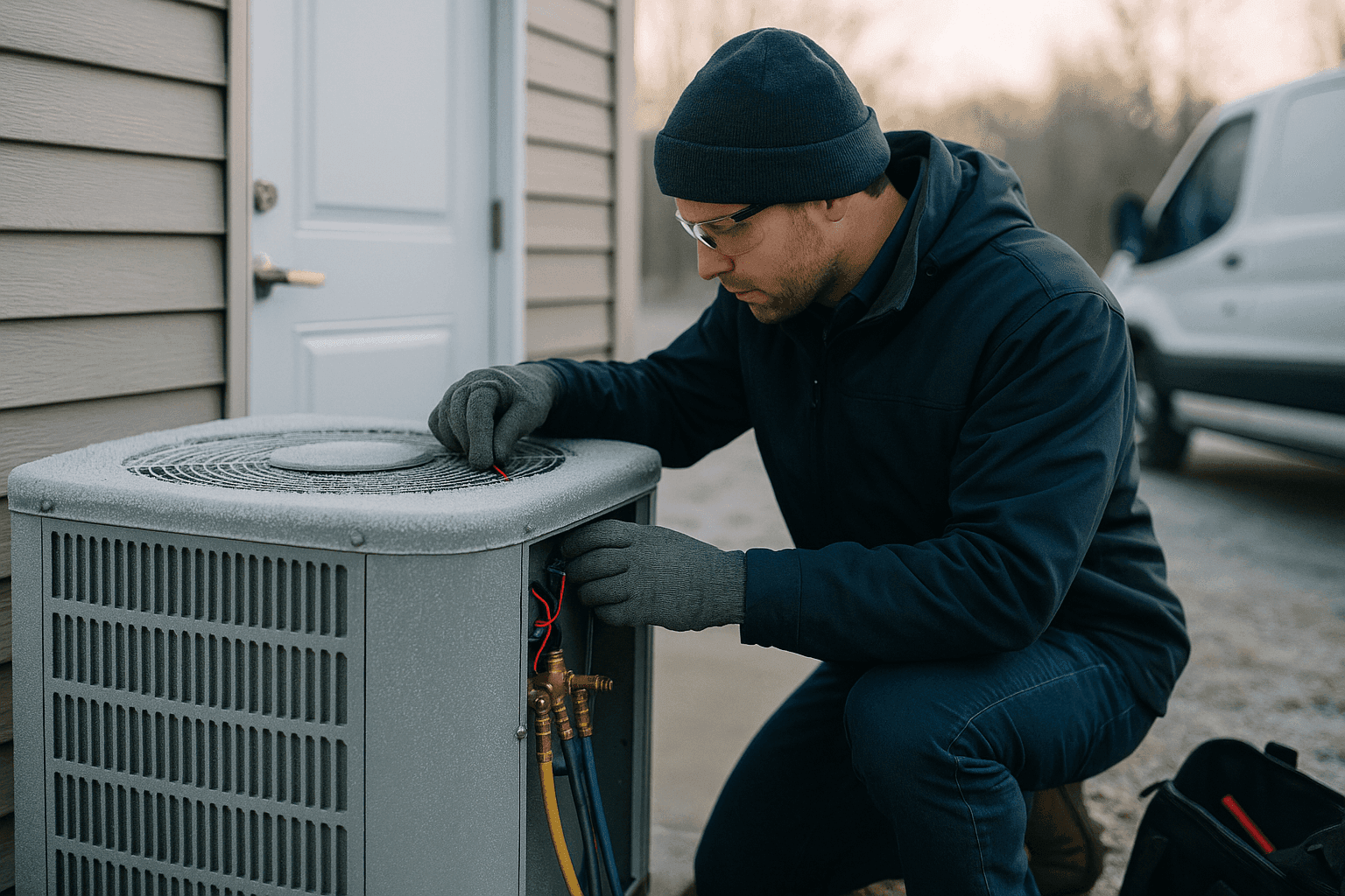 HVAC technician performing winter maintenance on frosted outdoor unit