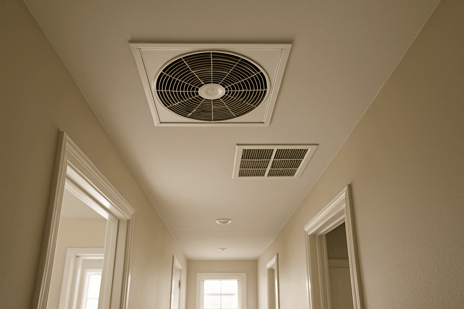 Attic whole-house fan and central AC vent in the same home